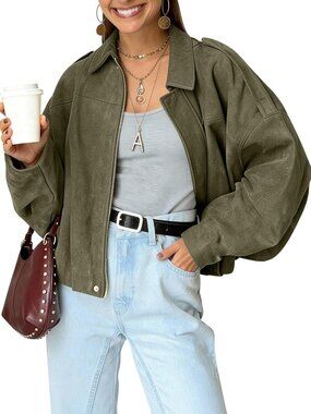 Women's Faux Suede Bomber Jacket Oversized Batwing Long Sleeve Zip Up Green